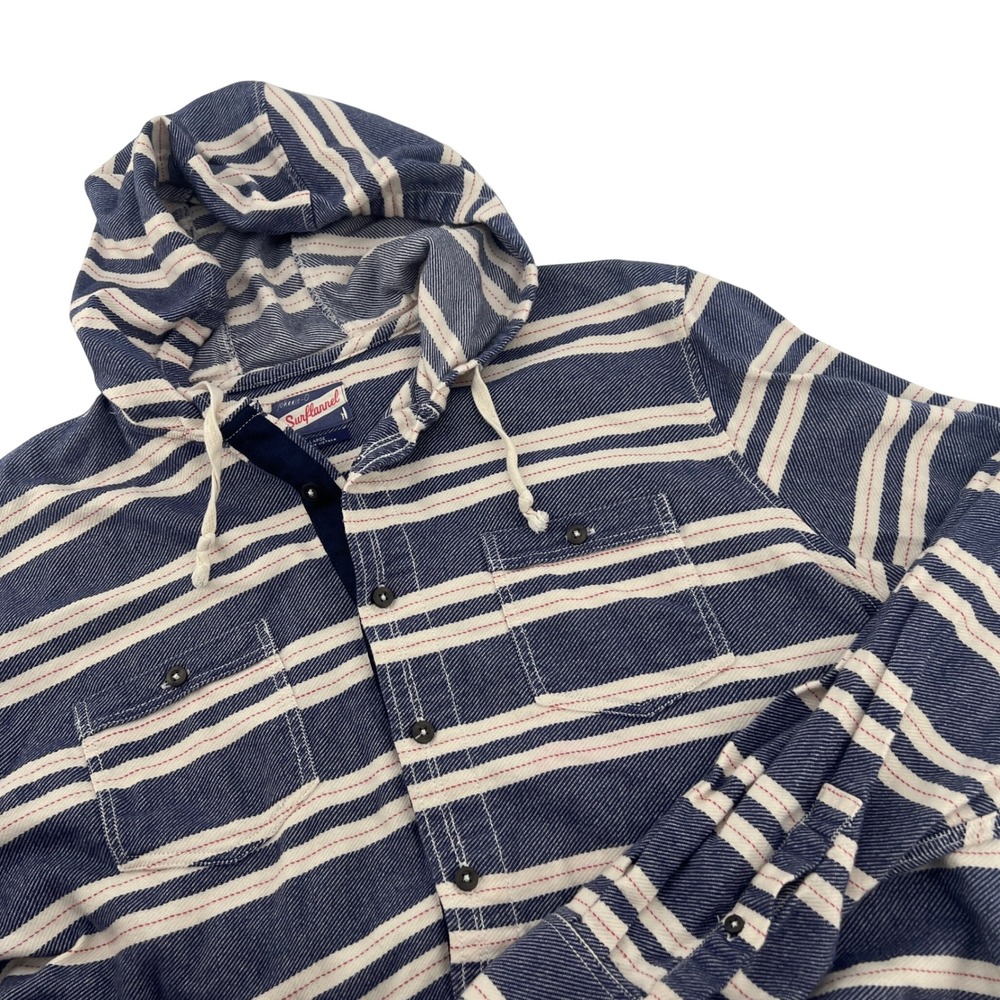 Johnnie-O Surflannel Mens Large Blue Striped Hooded Button Down Shirt Cotton